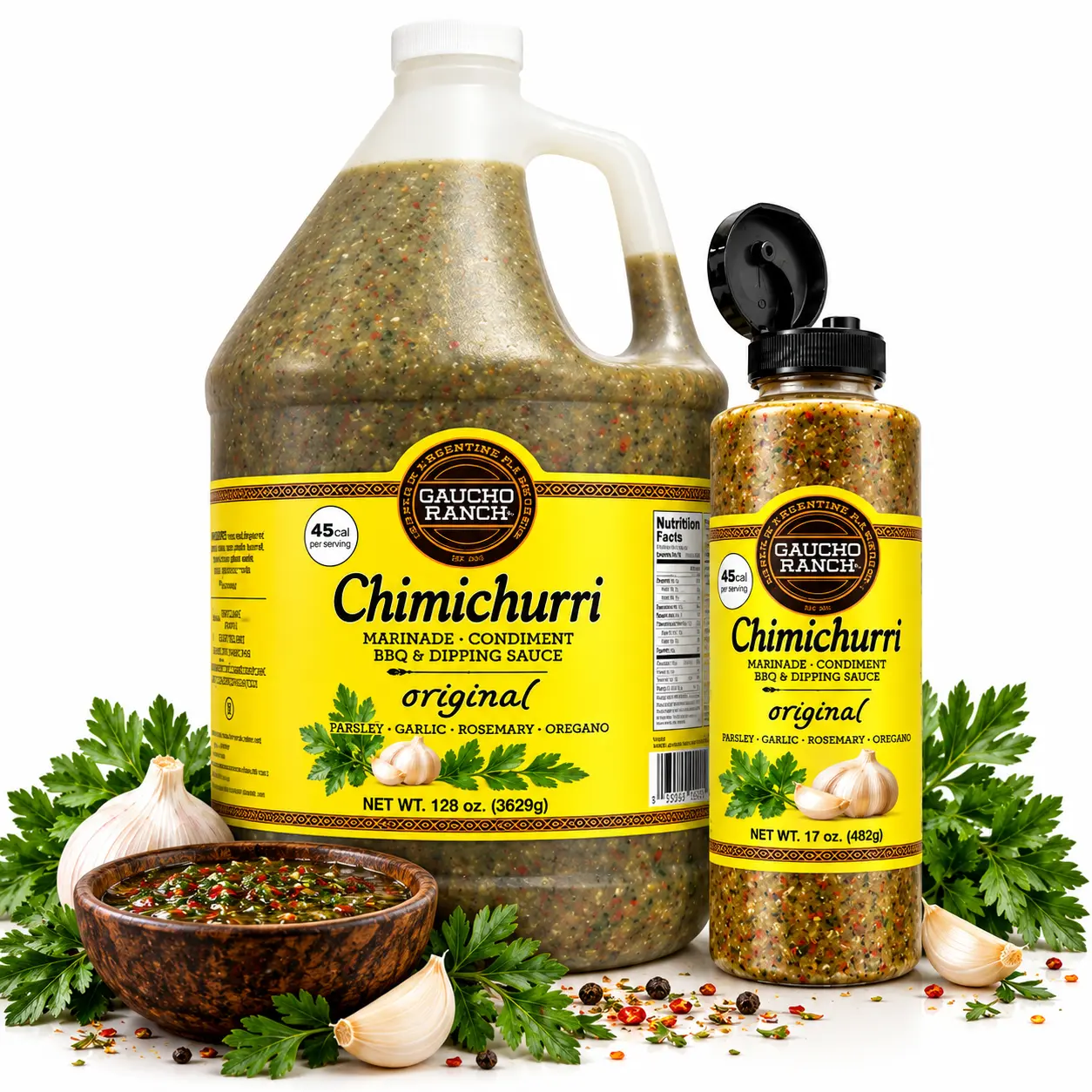 Gaucho Ranch Grill Master Kit - Argentine Herb Sauce Bulk Refill Bundle: 1 Gal Original Chimichurri, 17oz Squeeze Bottle