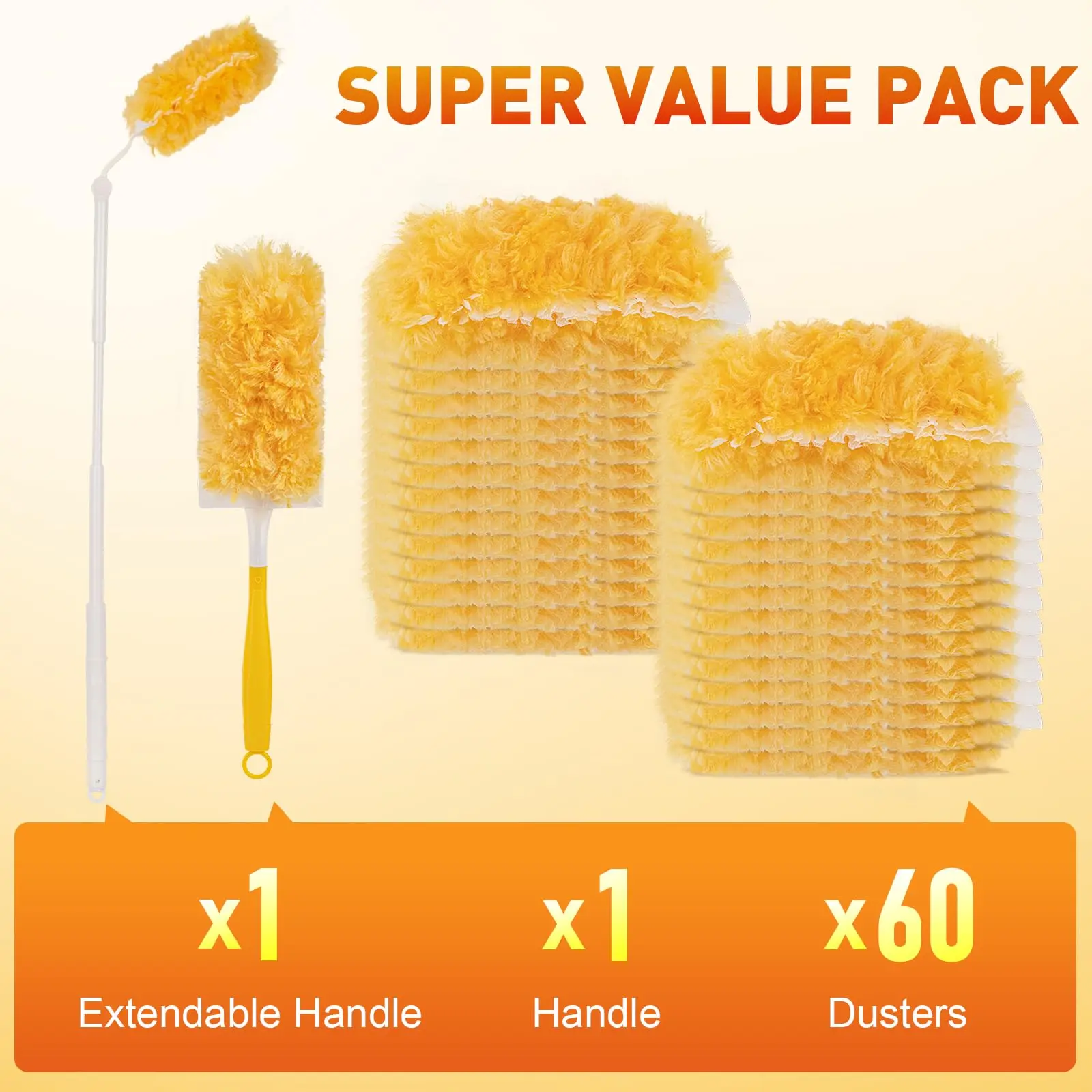 Heavy Duty Duster Refills, Disposable Dusters Kit for Cleaning Dusting Furniture Blind Ceiling Fan, Multi Surface 360 Feather Duster(60) + 3 FT Extended Handle +1 Handle
