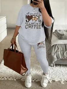 Printed pattern Women's Tee & Skinny Pants Fitted Two-Piece Set, Casual Everyday Fashion Cozy Round Neck Short Sleeve T-Shirt & Trousers for Daily Outdoor Wear, Ladies Summer Clothes, Womenswear, Spring