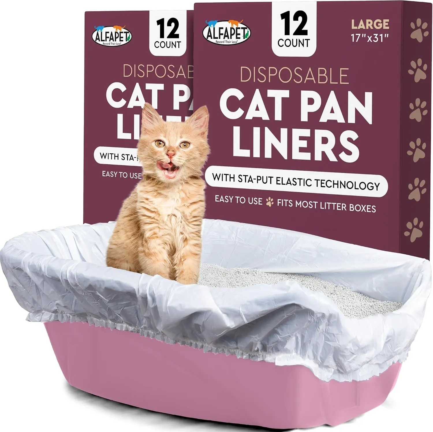 Alfapet Cat Litter box liner Disposable, Elastic Liners- 24-count-For Medium and Large, Size Litter Pans- With Sta-Put Technology for Firm, Easy Fit- Quick + Clever Waste Cleaners Gift