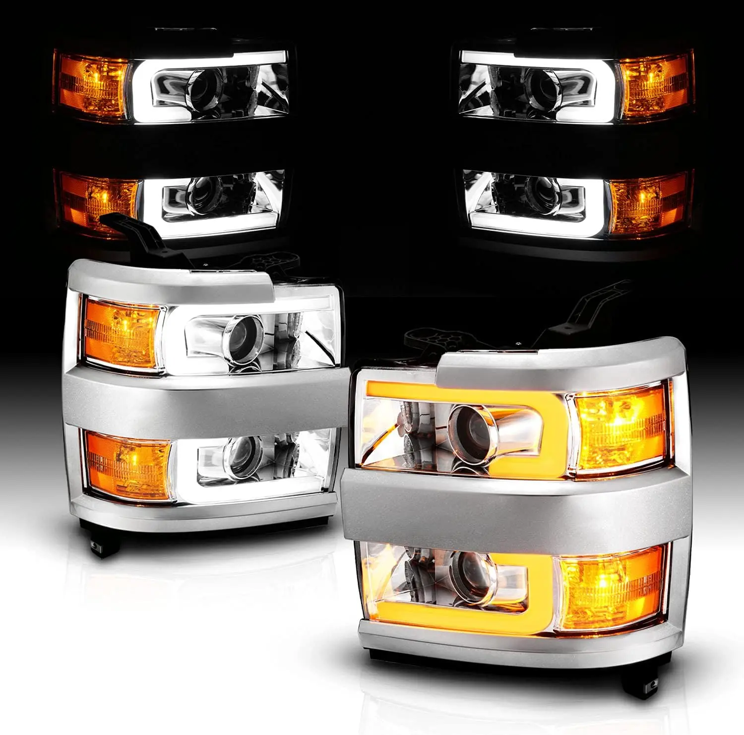AmeriLite for 2015-2019 Silverado 2500HD 3500HD Pickup Truck Switchback LED Tube Quad Projector Chrome Replacement Headlights Set - Passenger and Driver Side