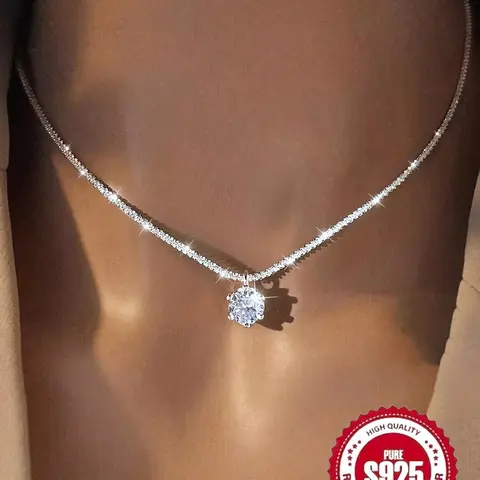 S925 Sterling Silver Artificial Zircon Decor Necklace for Women, Fashion Jewelry for Party, Daily Decor, Trendy All-match & Exquisite Jewelry for Birthday Gift, Cubic Zirconia Necklaces, Sparkling CZ Necklace, Decorative Necklace, Accessory Necklace
