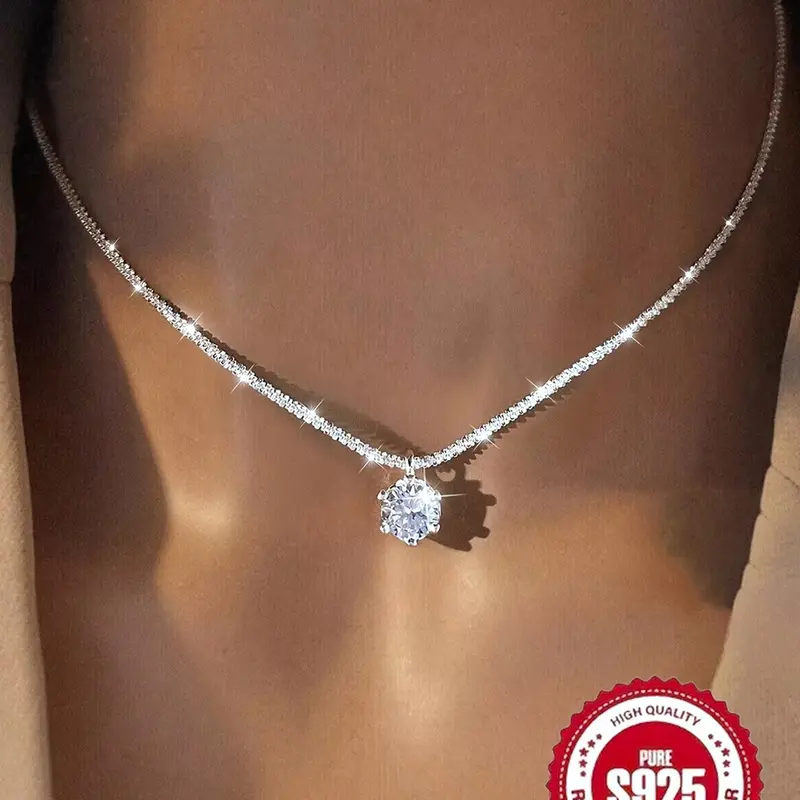 S925 Sterling Silver Artificial Zircon Decor Necklace for Women, Fashion Jewelry for Party, Daily Decor, Trendy All-match & Exquisite Jewelry for Birthday Gift, Cubic Zirconia Necklaces, Sparkling CZ Necklace, Decorative Necklace, Accessory Necklace