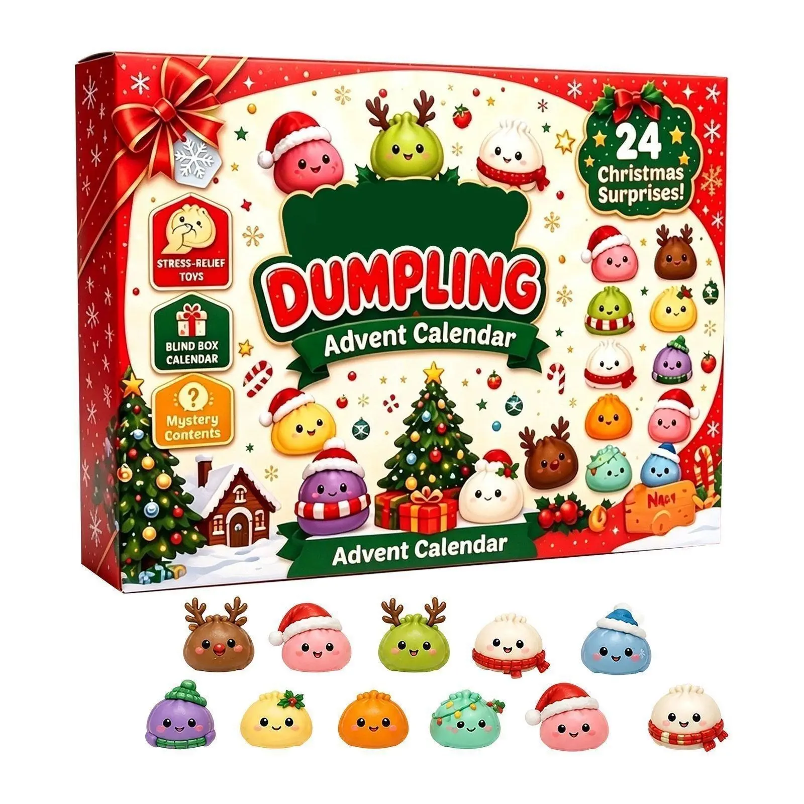 Christmas Advent Calendar 2026, 24 Days Countdown Calendar, Mini Dumpling Squishy Toys with Glitter, Christmas Holiday Gift for Kids