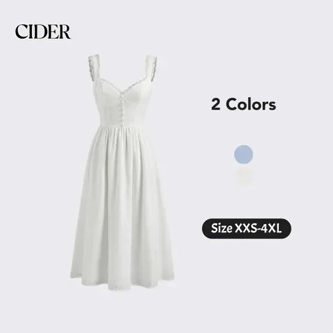 Cider Cotton V-neck Broderie Anglaise Floral Button Midi Dress
