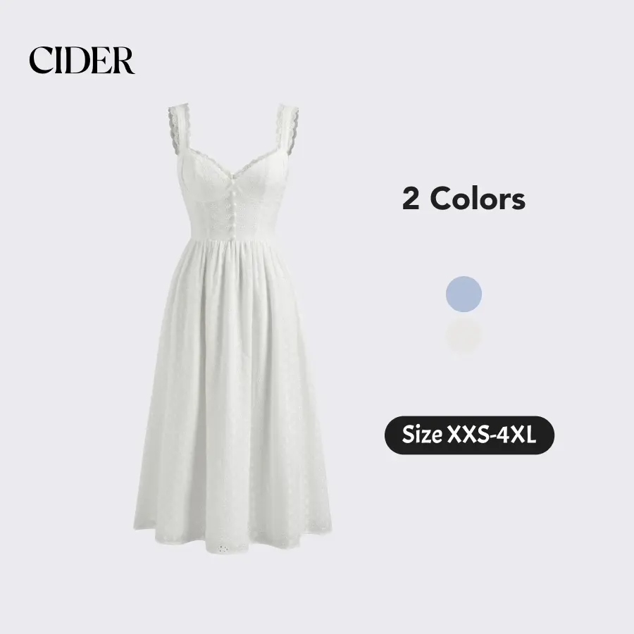 Cider Cotton V-neck Broderie Anglaise Floral Button Midi Dress
