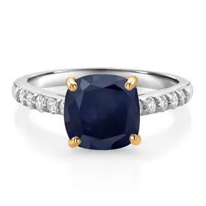 Gem Stone King 3.02 Cttw Blue Sapphire and Lab Grown Diamond Engagement Ring for Women | 10K White Gold |  8MM Cushion Cut | Wedding Engagement Anniversary Promise Ring For Women