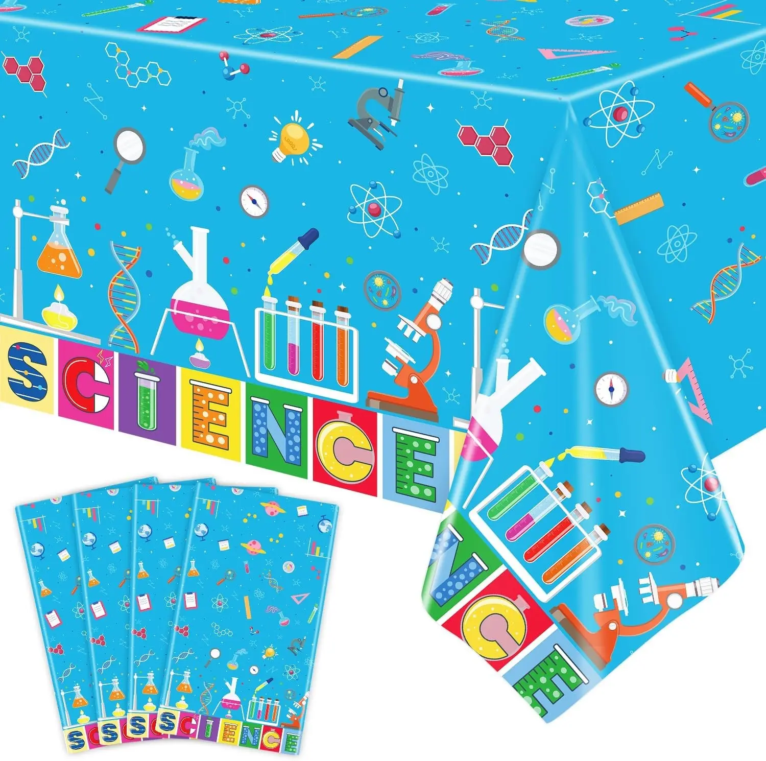 4-Pack Disposable Plastic Rectangular Science Tablecloth, 51x86in Lightweight Mad Scientist Theme Table Cover for Birthday & Lab Party Decor Supplies, Rectangle