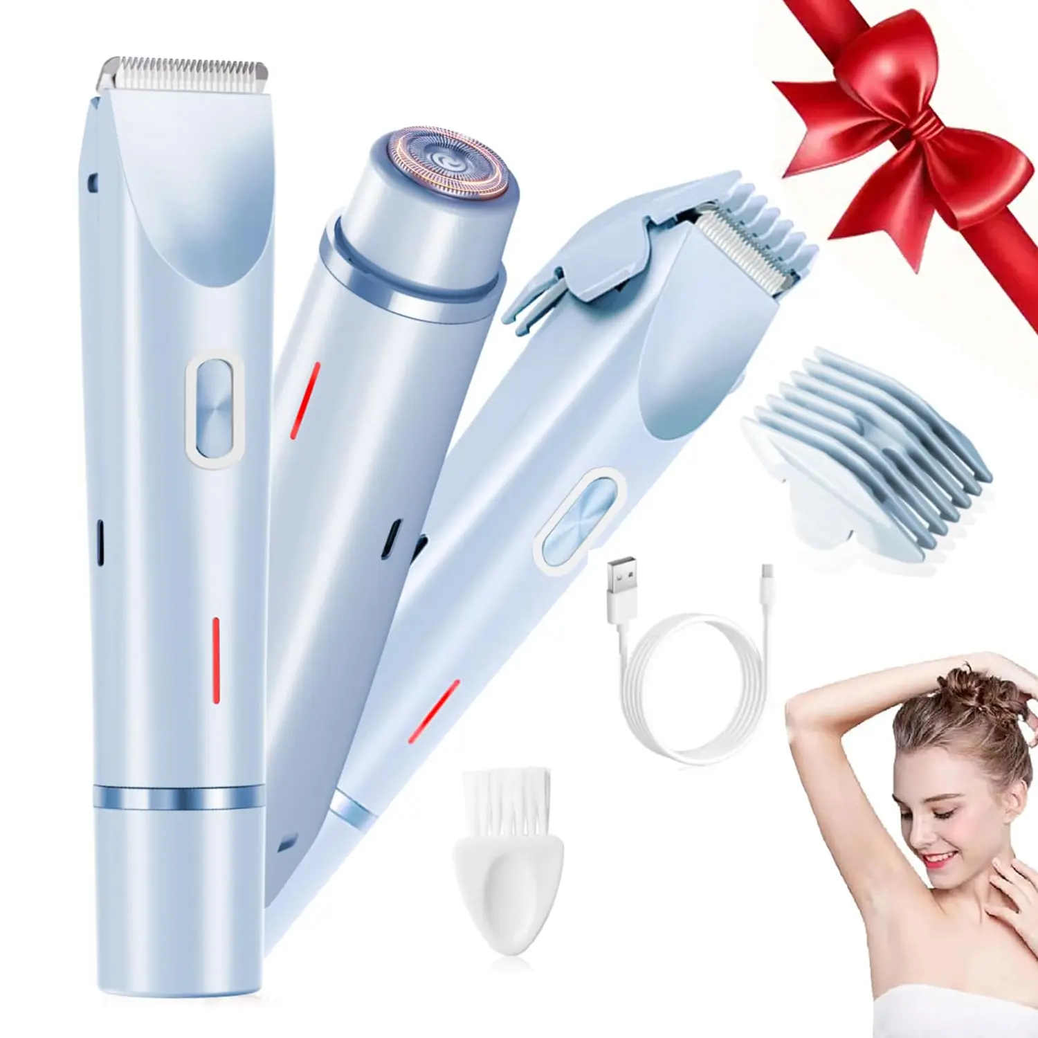 Bikini Trimmer for Women, Electric Shaver and Razor Rechargeable 2-in-1 Bodyand Facial Hair Removal Double Head forPainless Trimming of Pubic Face UnderarmLegs,IPX7 Waterproof, pink