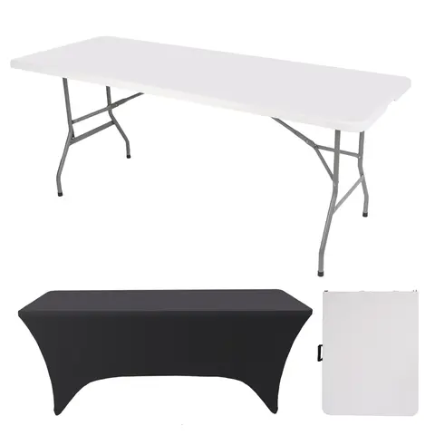 FWTI Poly & Steel Classic Rectangle Outdoor Dining Patio Table - 6ft Foldable Heavy Duty, Lock-in Alloy Steel Legs, Built-in Handle, Fold-half Storage, Fully Assembled, 330 lbs Capacity, 71"L * 28"D * 29"H White, Fits 5-8 People for Events, Camping