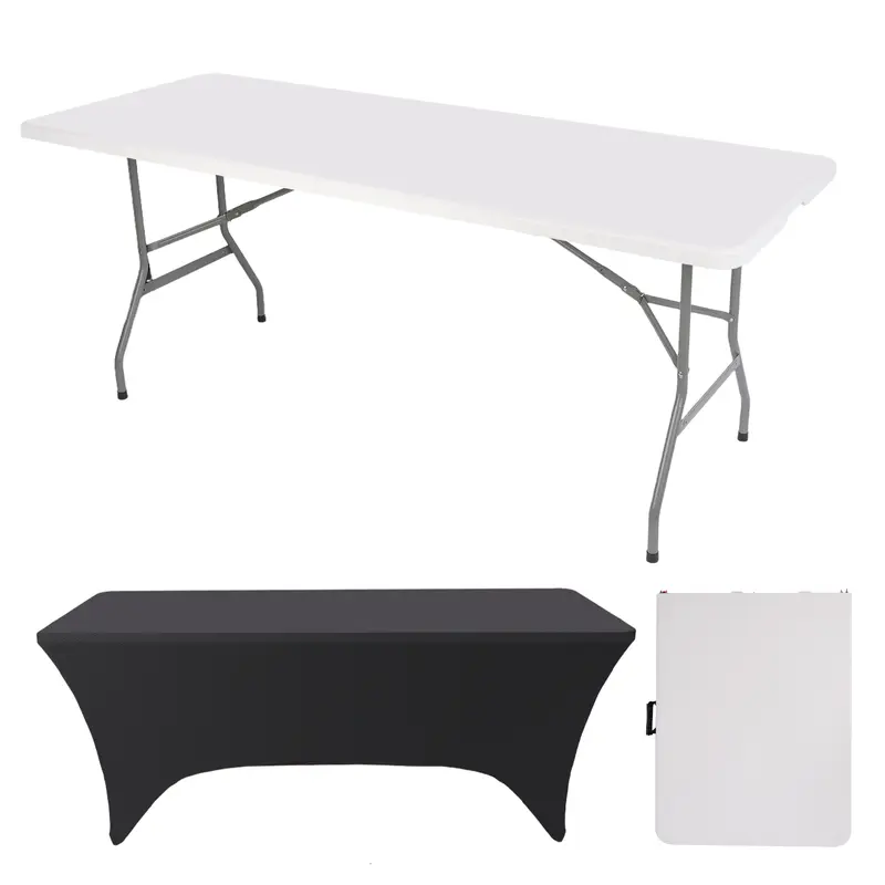 FWTI Poly & Steel Classic Rectangle Outdoor Dining Patio Table - 6ft Foldable Heavy Duty, Lock-in Alloy Steel Legs, Built-in Handle, Fold-half Storage, Fully Assembled, 330 lbs Capacity, 71"L * 28"D * 29"H White, Fits 5-8 People for Events, Camping
