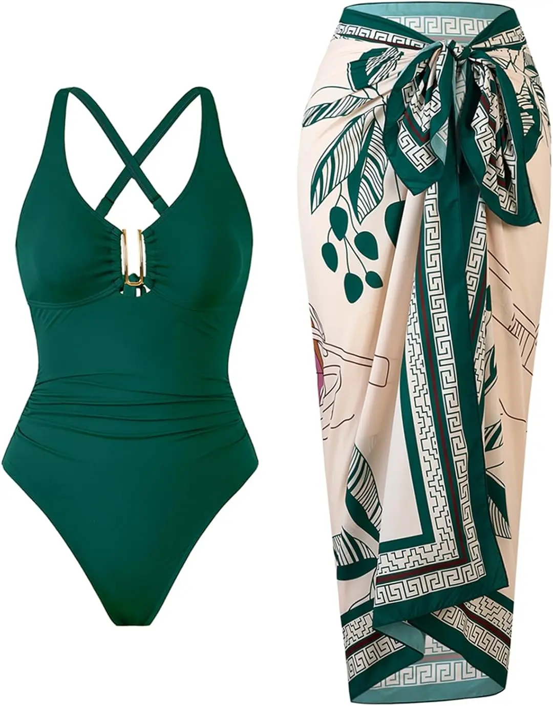 Emerald Green One-Piece Swimsuit with Gold V-Buckle, Greek Key Tropical Print Sarong Cover-Up Skirt, Backless Tie Back Bathing Suit for Women Beach Vacation