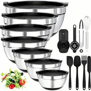 Stainless Steel Mixing Bowls (20-Piece Set with Airtight Lids) - 7 Sizes (0.67-7QT), Non-Slip Silicone Bottoms, Ideal for Baking, Serving, Egg Prep & Tableware