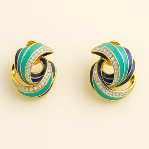 Statement Enamel Hoop Earrings – Gold Plated Sterling Silver, Turquoise & Navy, CZ Pave Studs – Art Deco Inspired Luxury Jewelry " Chunky Sterling Silver Tube Hoops