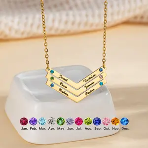AS1706 Customized Engraving Name V-shaped Inlaid Birthstone Pendant Stainless Steel Personalized DIY Necklace Gift for Men and Women's Family