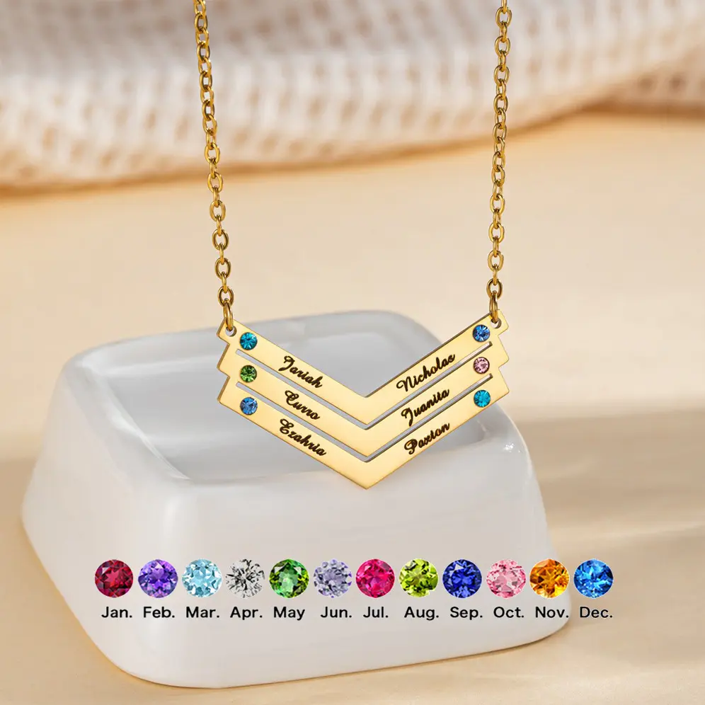 AS1706 Customized Engraving Name V-shaped Inlaid Birthstone Pendant Stainless Steel Personalized DIY Necklace Gift for Men and Women's Family