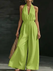 Spring Summer Fall V-Neck Halter Top Loose Fit Romper Jumpsuit for Women, Elegant Fashion Design, Casual Style, French Chic Look