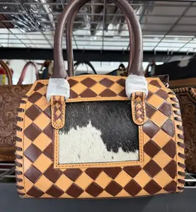 Genuine hand painted leather & cowhide speedy bag- Brown check with cowhide patch