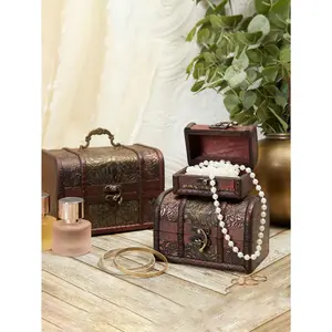 3pcs/Set Vintage Wooden Treasure Chest, Storage Boxes, Decorative Vintage Style Trunks For Jewelry Keepsakes Leather Organiser Redwood