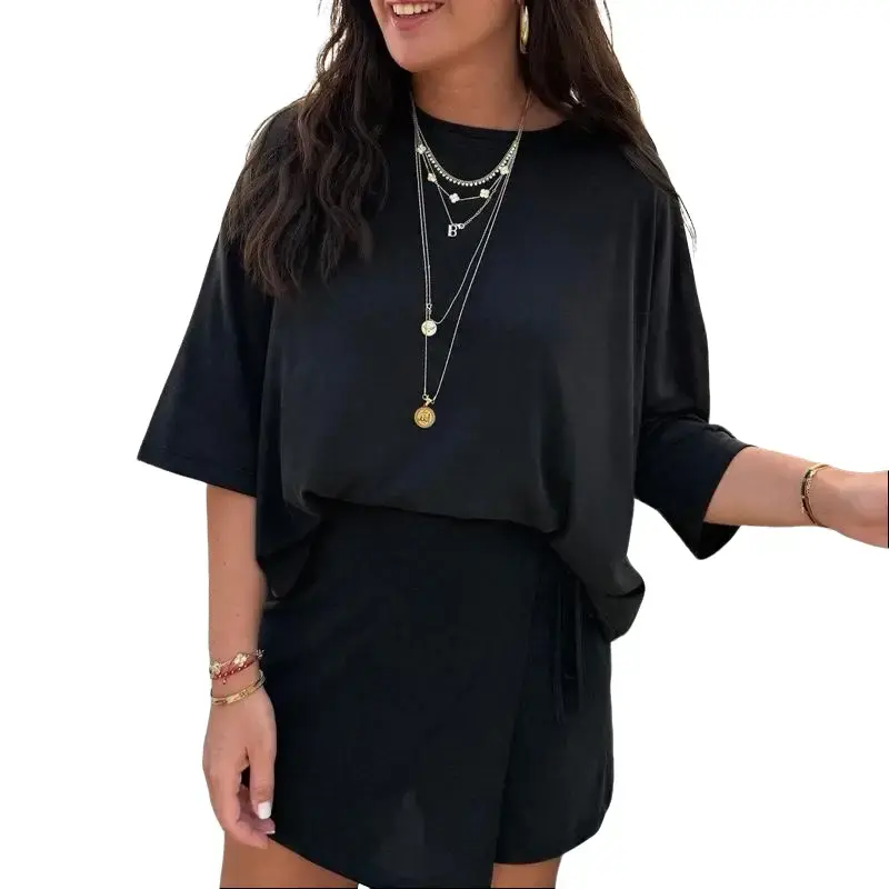 Black Solid Color Oversize Tee Tie Wrap Mini Skort 2pcs Set for Women's Fashion