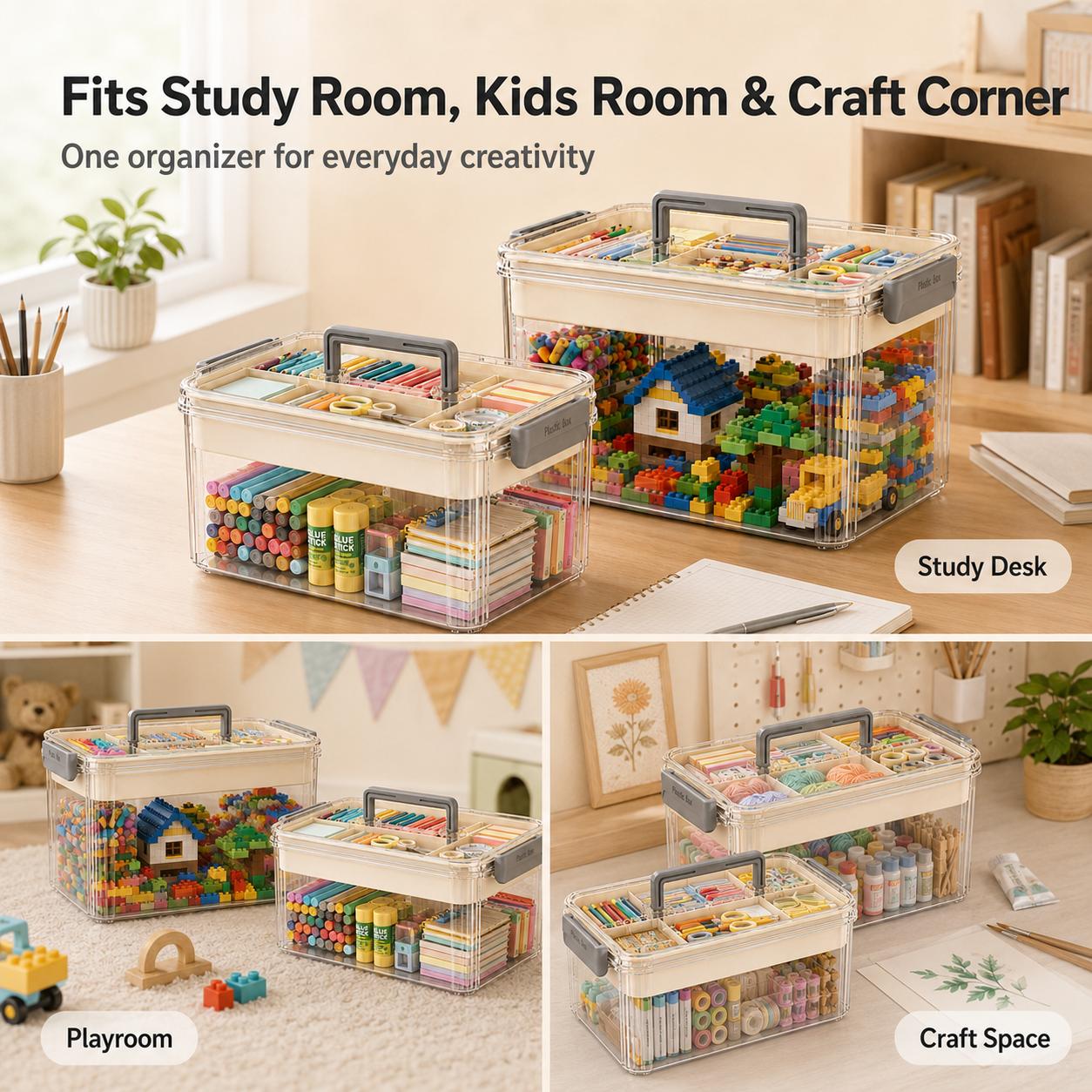 UFORU Compartmented 2-Tier Storage Organizer with Handle for Carry - Home Supplies Zoned Storage Organization, Large Capacity Portable Craft Box for Pens, Markers, Art Supplies, Kids’ Small Building Blocks & Toy Parts, Transparent Multipurpose Organizer