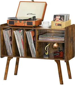 Record Player Stand with 4 Cabinet Holds Up to 220 Albums, Large Turntable Stand with Beech Wood Legs