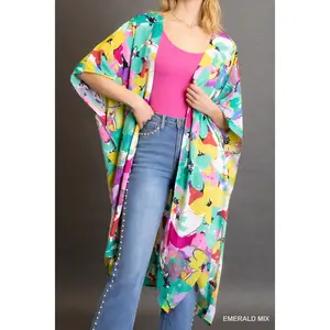 UMGEE OPEN FRONT LONG KIMONO STYLE CARDIGAN | Green, Yellow, Purple & Pink Floral Print