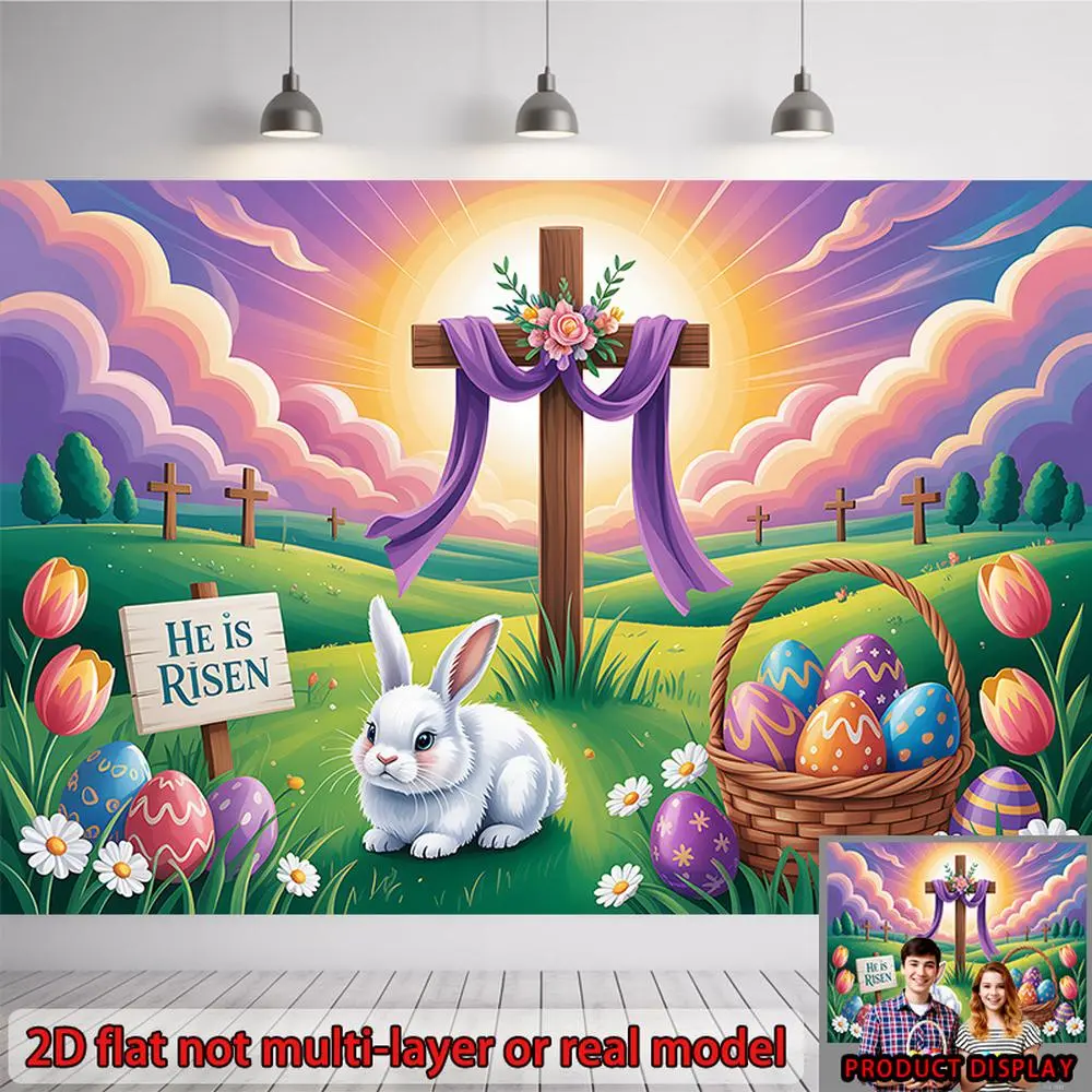 Easter Scene Polyester Flat Party Decorations Banners - Soft Texture, Multi-Size, Cross & Bunny Ornaments, Wall Hanging Backdrop for Home Events