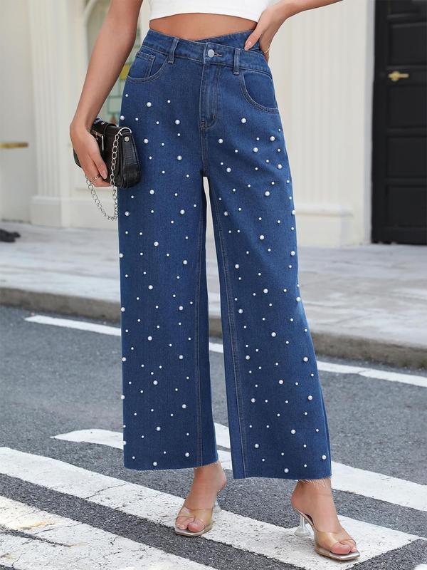 Flvsun-Women's Flare Leg Denim Jeans - Solid Color, Smooth Non-Stretch Woven Fabric - All-Season Casual Wear,Pearl Design,Multi Pockets