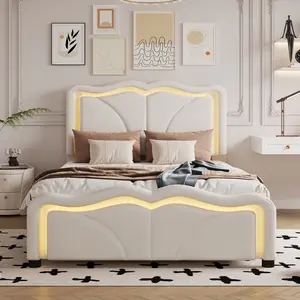 [Bellemave]Twin Size Upholstered Platform Bed with Curve Shaped and Height-adjustbale Headboard,LED Light Strips,Pink