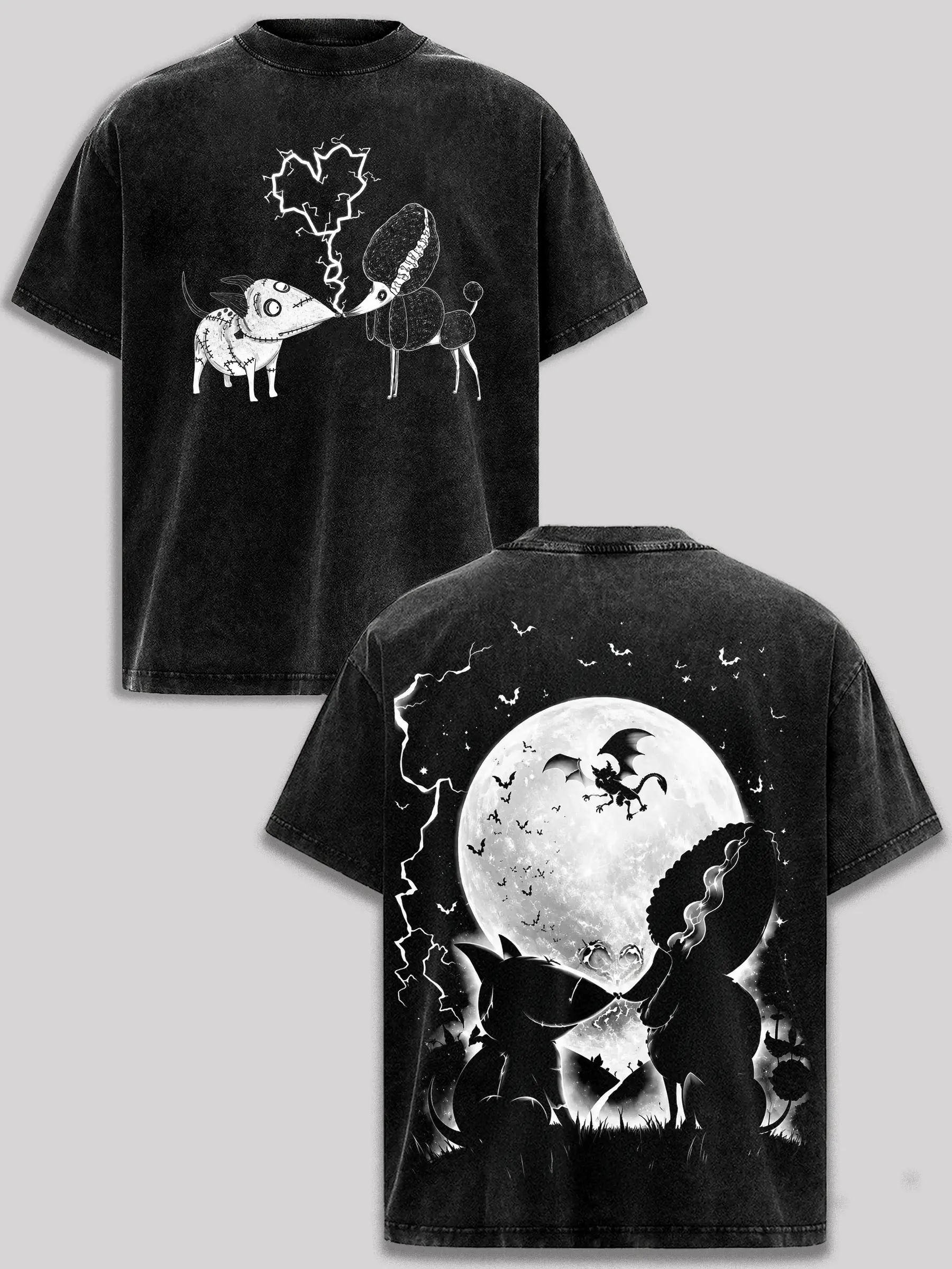 Frankenweenie Vintage Washed T-Shirt Tim Burton Frankenweenie Sparky Victor Gothic Halloween Graphic Tee Dark Fantasy Monster Dog Movie Retro Horror Cartoon Oversized Heavyweight Cotton Acid Wash Black Unisex Streetwear Gift