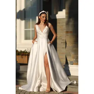 Tina Holly BB209W Wedding A-Line High Slit Pockets Flowy Mikado Dress