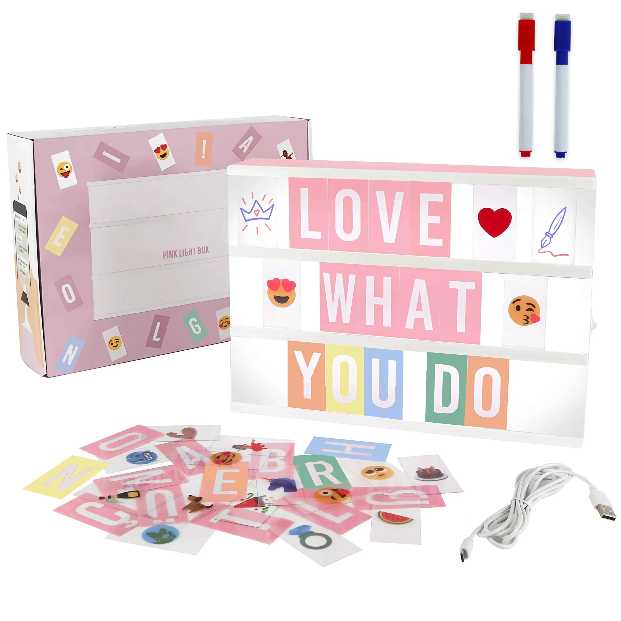 Pink Cinema Light Box With 400 Letters  Emojis 2 Markers -  | Led Home Office & Room Decor Sign Board Gifts For Women And Christmas Birthdays