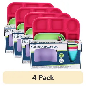 (4 pack) 24-Piece Plastic Kids Dinnerware Set with 4 Trays, Bowls, Plates, Cups, Forks, Spoons in Pink, Purple, Aqua, Green