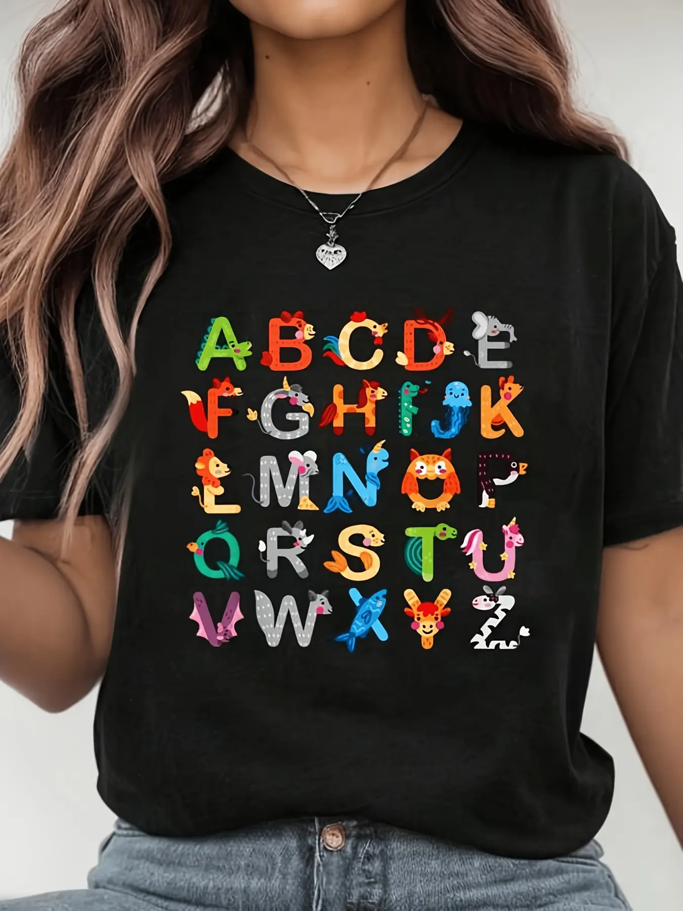 Animals Alphabet ABCs Learning Shirt Gifts for Tea unisex soft cotton short sleeve t shirt, vintage graphic casual tee for men women teens, perfect birthday holiday gift for camping travel gym daily street  wear