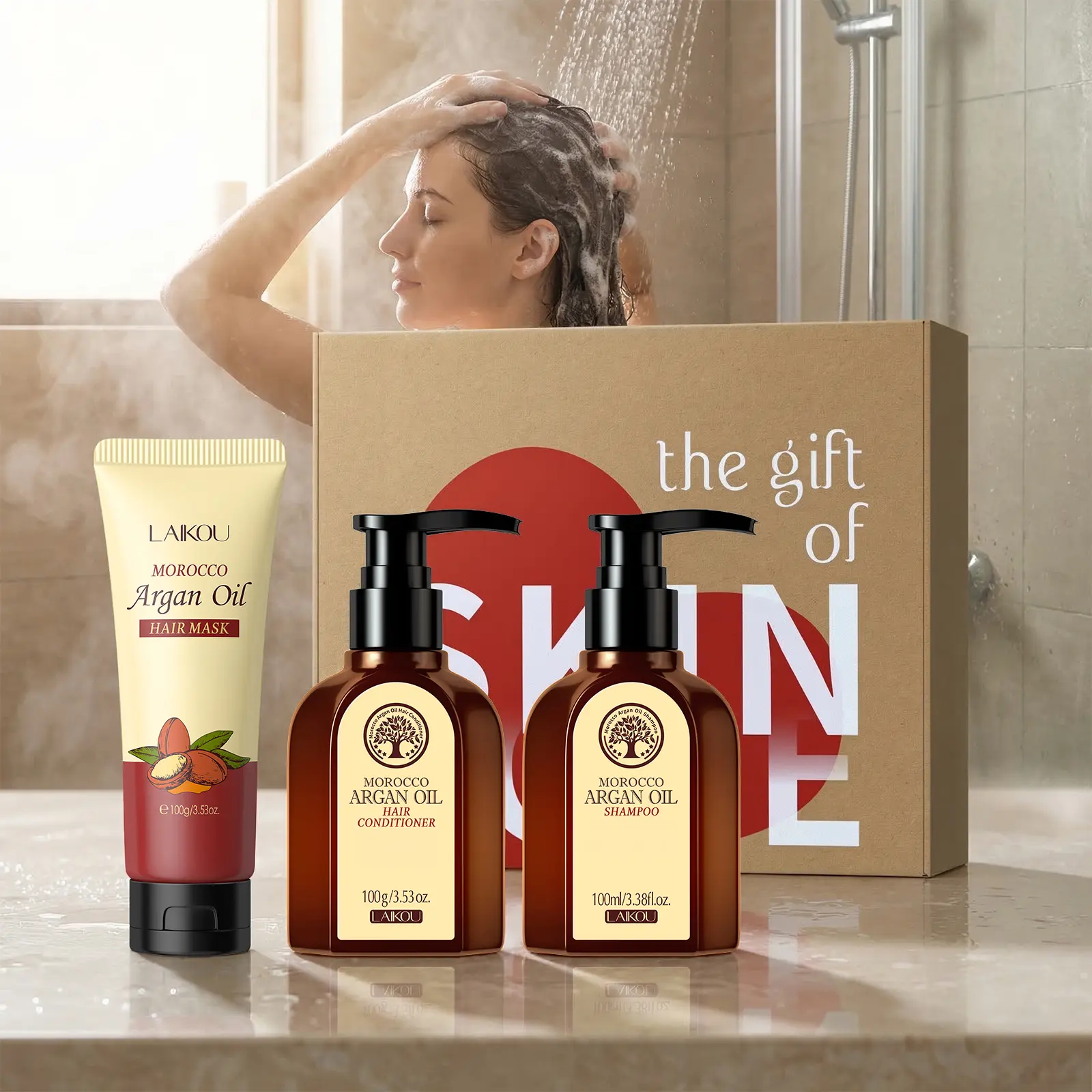 LAIKOU Morocco Argan Oil Hair Treatment Set, 3-in-1 Hydrating Shampoo, Smoothing Conditioner and Hair Mask Kit for Shiny, Soft Hair, Perfect Self-Care Pampering Gift for Women
