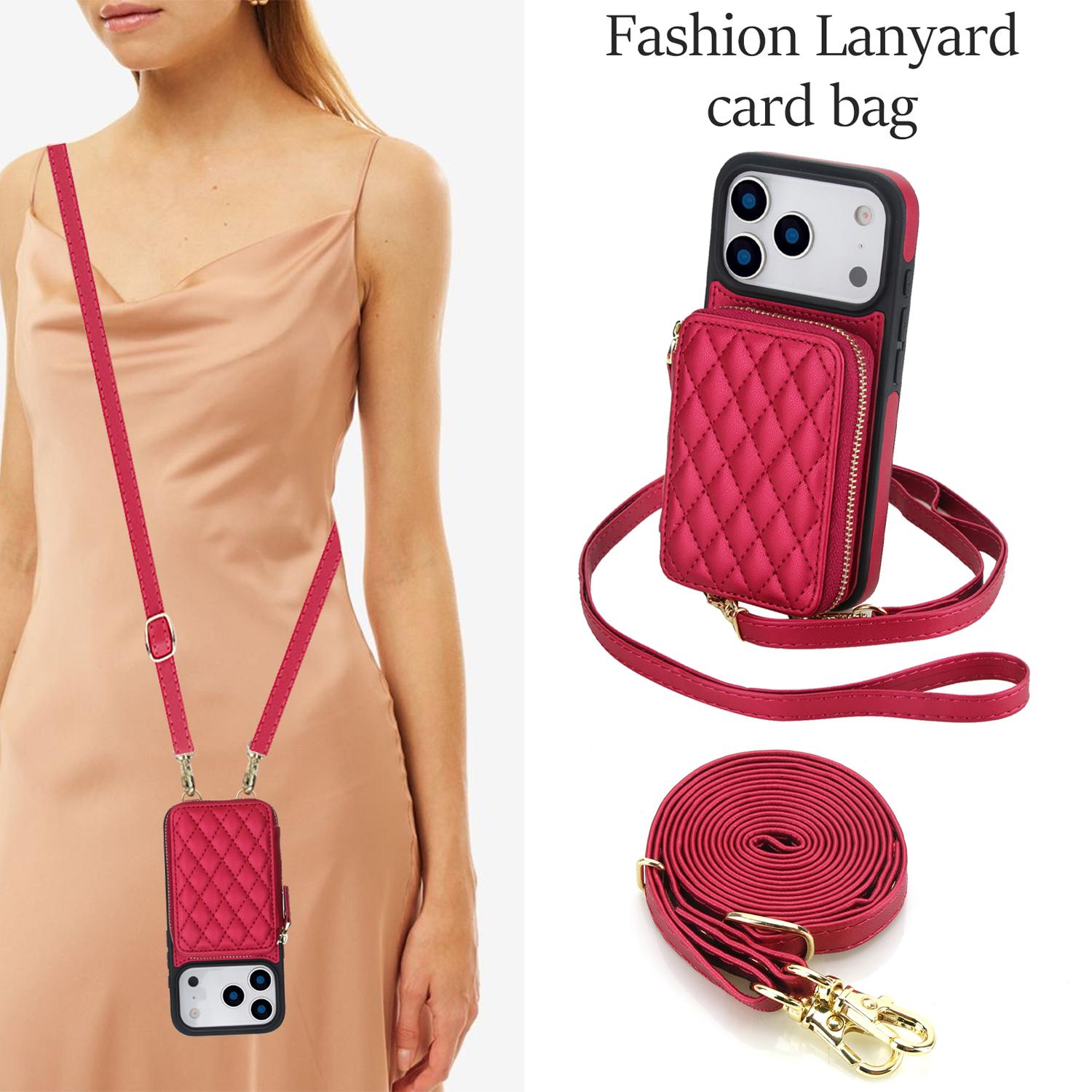 Crossbody Wallet Phone Case for iPhone 17 Pro Max 16 15 14 13 12 11, PU Leather RFID Blocking Flip Cover with Zipper Pocket Card Holder Kickstand Wrist Strap Adjustable Lanyard