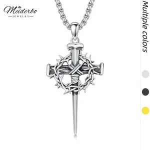 925 Sterling Silver Cross Thorns Necklace Necklace Men, Stainless Steel Pearl Chain 22+2 Inch Lobster Clasp with Jesus Cross Pendant, Christian Religious Jewelry Gift,Autumn New Arrivals