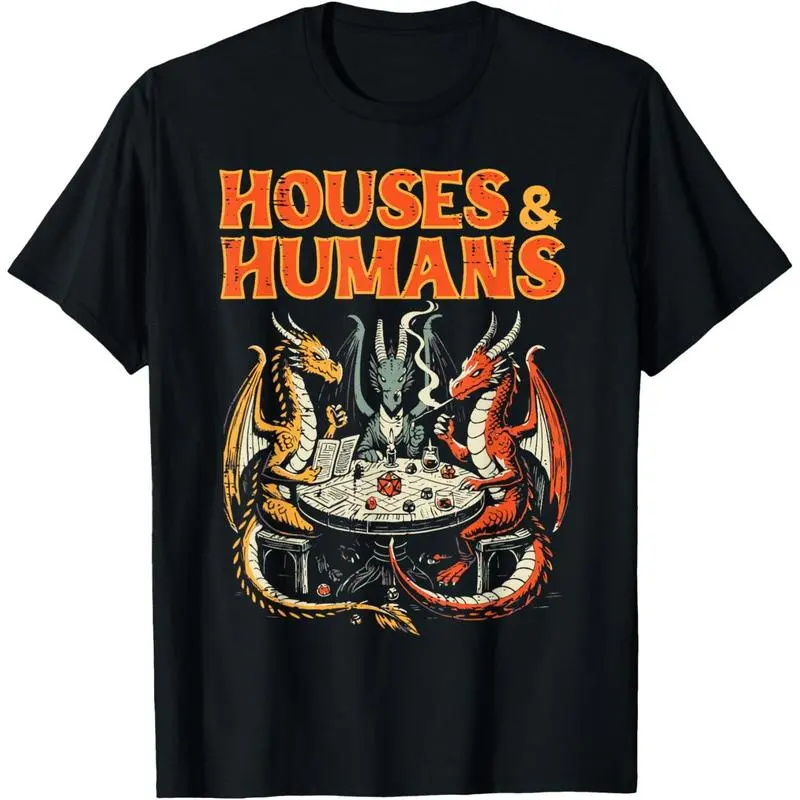 Gaming Houses Humans Funny RPG Parody Graphic T‑Shirt, Y2K Cotton Streetwear Casual Short Sleeve Top for Men, Machine Wash Safe, Trending Fan Gift for RPG Gamers