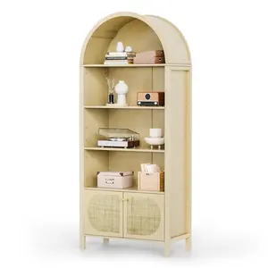 Arched Display Cabinet, Natural Rattan Storage Cabinet with 5 Shelves, 5 Tier Arched Bookshelf, Wood Tall Bookcases, Sturdy, Stylish for Living Room Bedroom Dining Room Office Study Room, Oak