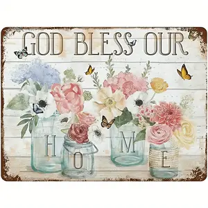 God Bless Our Home Metal Wall Art 7.9x11.9 Inches Vintage Farmhouse Decor Pastel Flowers Mason Jars Rustic Country Housewarming Gift Easy Hanging Ornaments Decoration