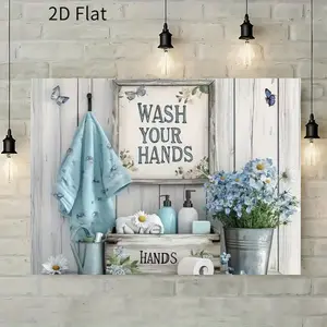 "Wash Hands" sign - rustic-style hygiene wall decoration, in light blue and white, high-definition canvas decorative painting 11.8* 15.7inch (30* 40cm ) with wooden frame -- modern home decor, can be hung directly in the living room or bedroom