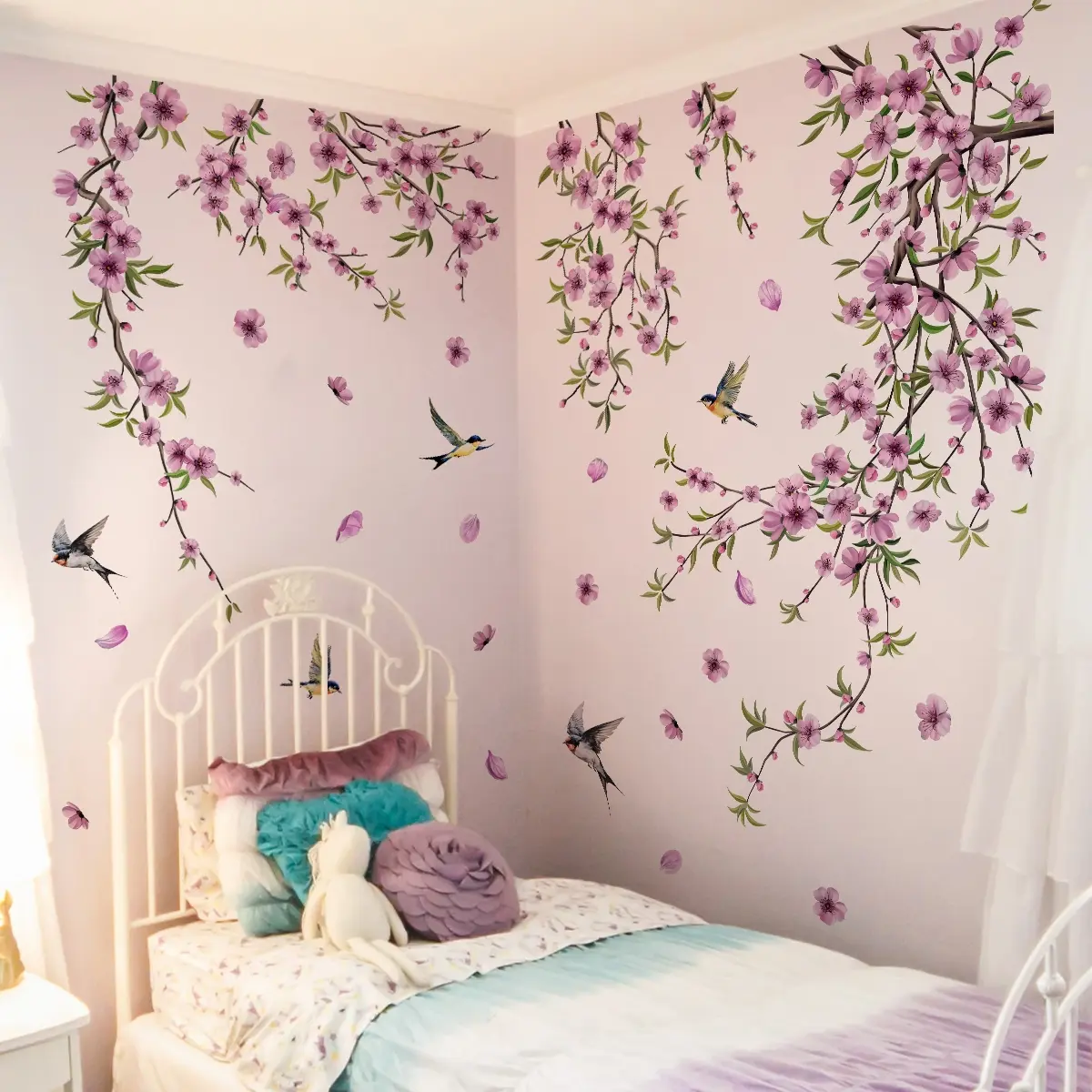 A set of 2 pieces (30*90cm*2pcs) purple branch and flower wall stickers, suitable for living room, bedroom, bathroom, home background decoration, self-adhesive, Cute, Decorative wall sticker, Wall Decal, M16090-YJ