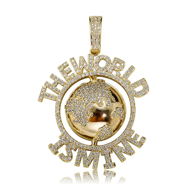 Gold Tone Earth Hip Hop Pendant Necklace with Smooth Artificial Zircon, Unisex Fashionable Jewelry Accessories for Europe-US Markets