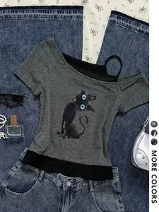 Women's Y2K Casual Style Slim Fit Printed Top, Shoulder-Exposed Short Sleeve T-Shirt, Blue Eye Cat Print Two-Piece Design, Strap & Tie Details
