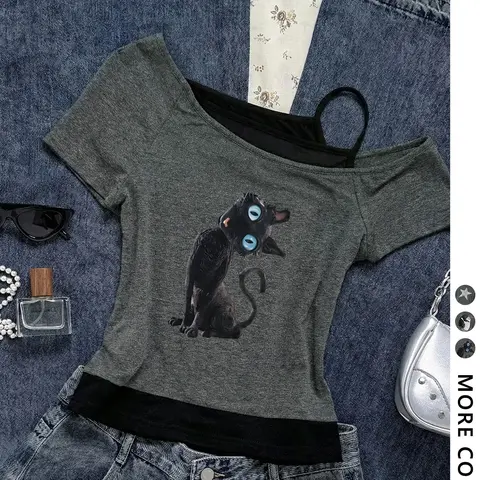Women's Y2K Cold Shoulder Faux Two-Piece Slim-Fit T-Shirt, Blue-Eyed Cat Print Short-Sleeve Top with Strap Details, Cute Casual Summer Tee, Casual Everyday Tops