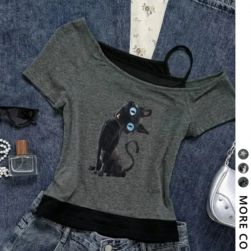 Women's Y2K Cold Shoulder Faux Two-Piece Slim-Fit T-Shirt, Blue-Eyed Cat Print Short-Sleeve Top with Strap Details, Cute Casual Summer Tee, Casual Everyday Tops