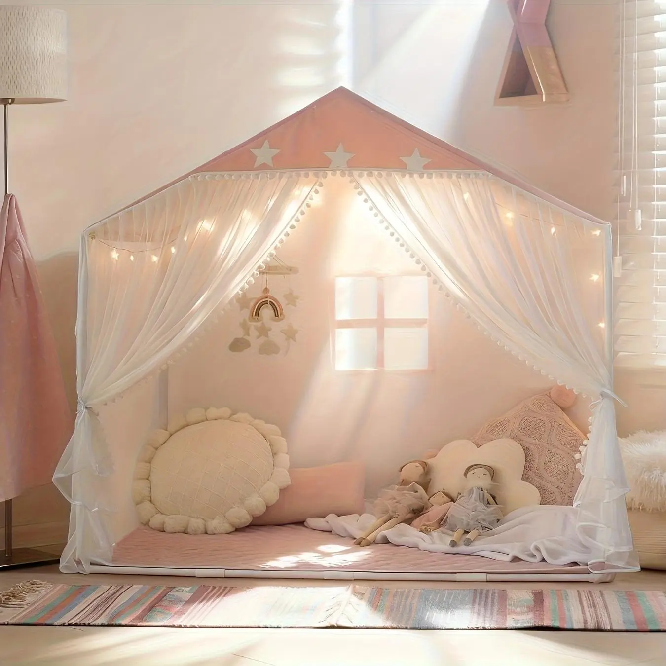 Unisex Pink Star Floral Princess-Style Children's Mosquito Net Canopy Tent with Pom Pom Door Curtain, Safe Materials Indoor-Outdoor Play Hut, Christmas Decoration