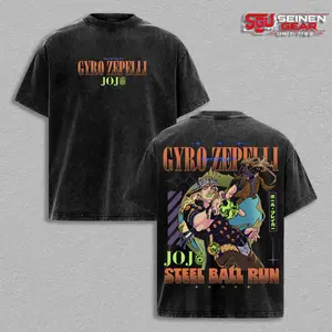 Gyro Zeppeli Steel Ball Spin T-Shirt – Vintage Washed Oversized Graphic Tee, JoJo Anime Streetwear Casual, Heavy Cotton Unisex Top, Perfect Gift for Him