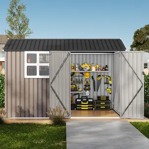 8x10 ft Heavy-Duty Metal Storage Shed with Lockable Door & Windows ,Galvanized Steel Outdoor Utility Shed with Sloped Roof for Backyard, Garden, Garage, Patio , Brown